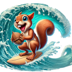 WordlRush game mascot squirrel surfing a wave